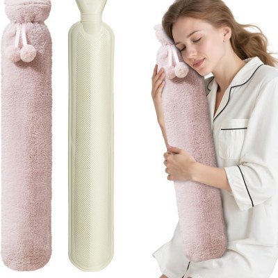 Long Hot Water Bottle with Soft Plush Cover (2L, Soft Pink)
